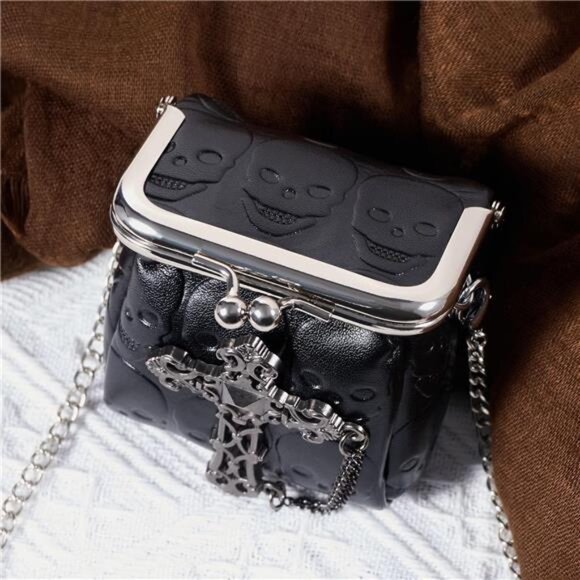 Mini Purse Gothic Crossbody Bag Tiny Chain Leather Coin Wallet for Women Black - Picture 6 of 8